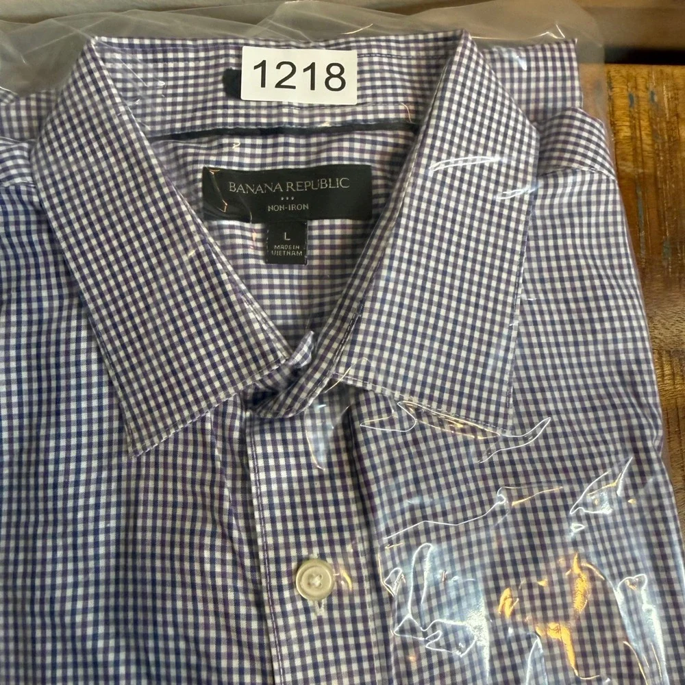 Banana Republic Non-Iron Shirt Mens L Slim Fit Blue Purple Gingham Button Down